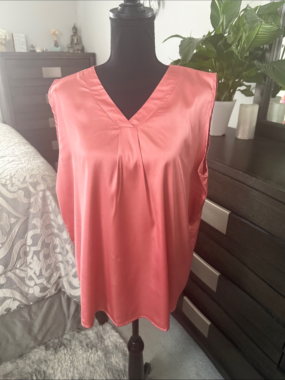 Satin V-Neck Sleeveless Top - Coral Pink